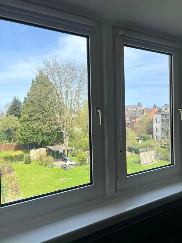 Sauberes Fenster mit klarem Blick ins Grüne